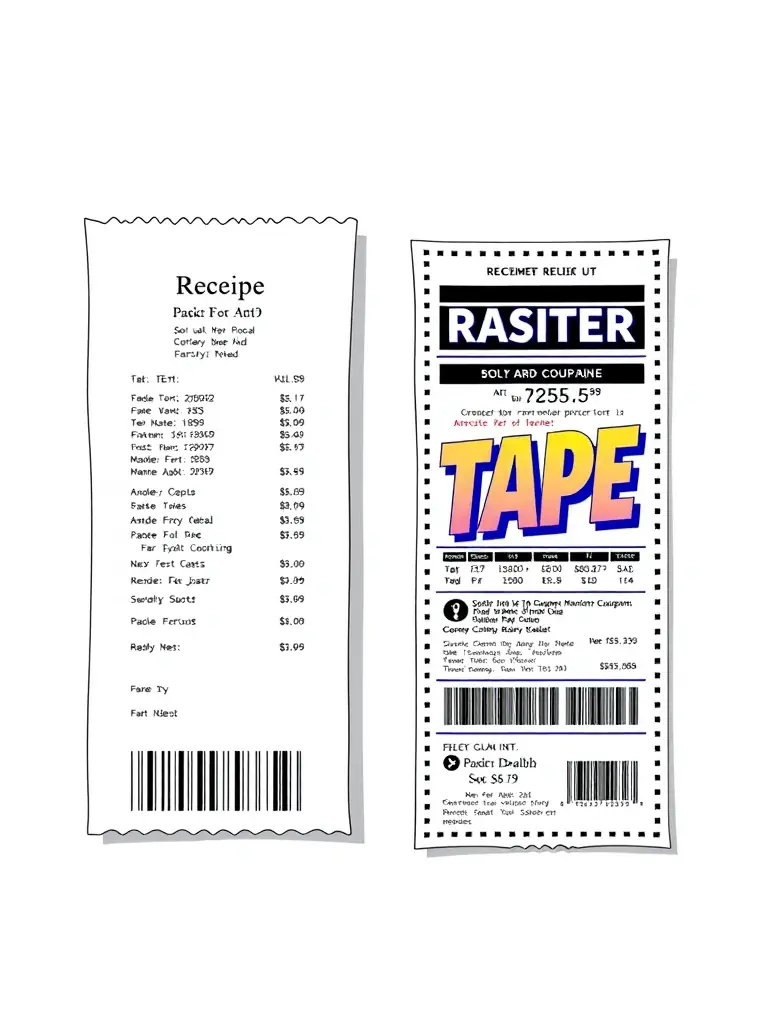 A split image showcasing a traditional black-and-white receipt next to a full-color register tape coupon, highlighting the visual impact and enhanced engagement of the latter.