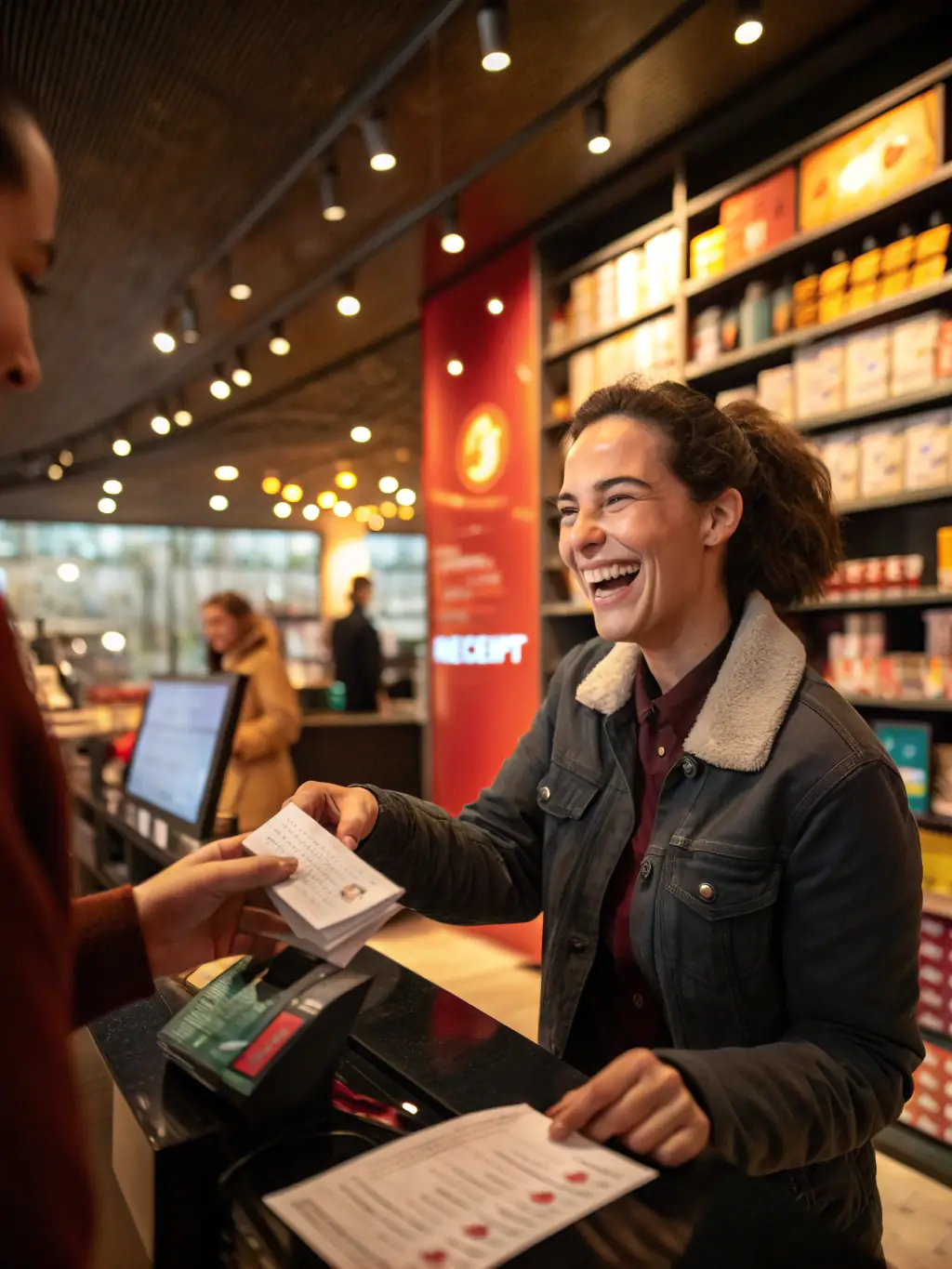 A person handing over a physical coupon from a receipt at a store counter, illustrating the redemption process and customer engagement.