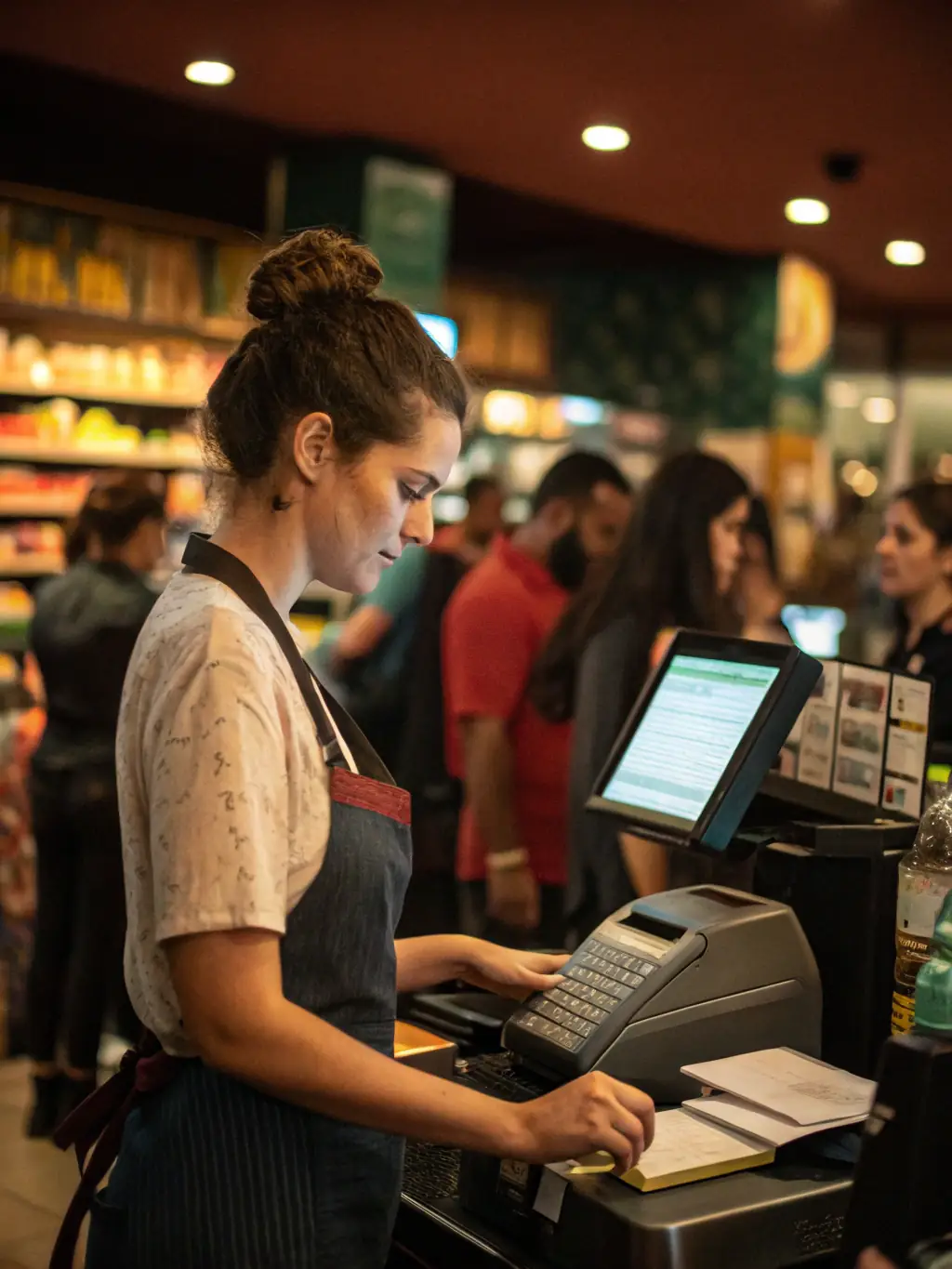 A high-resolution image showing the direct printing process on receipt paper, with a focus on the precision and quality of the print. The background shows a modern supermarket cash register.