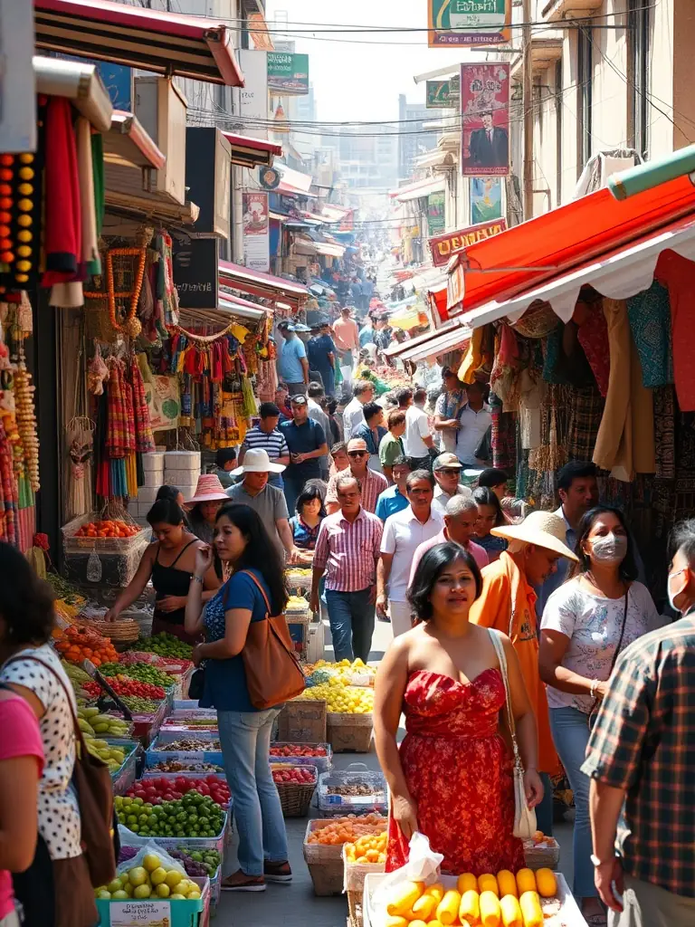 A bustling local market scene with shoppers, emphasizing the high-traffic environment where RegisterTapeGroup.com's advertising reaches a broad audience.