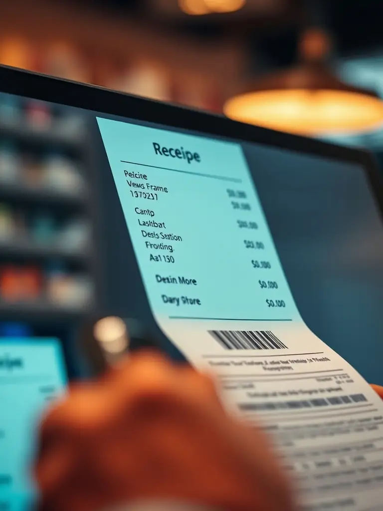 A close-up shot of a customer receiving a receipt with a clearly visible, attractive advertisement printed on it, emphasizing the moment of engagement.